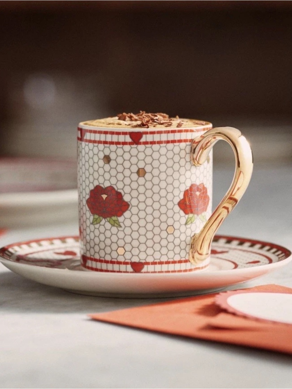 Anthropologie Bistro Tile Stoneware Espresso Cup & Saucer: Valentine Rose Bisous